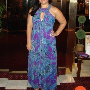 Dress, size 18. Worn once. Split down the middle. Violet slip underneath. Halter